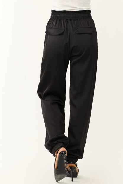 Black Satin Elastic Waist Joggers – High Waisted Paperbag Casual Pants