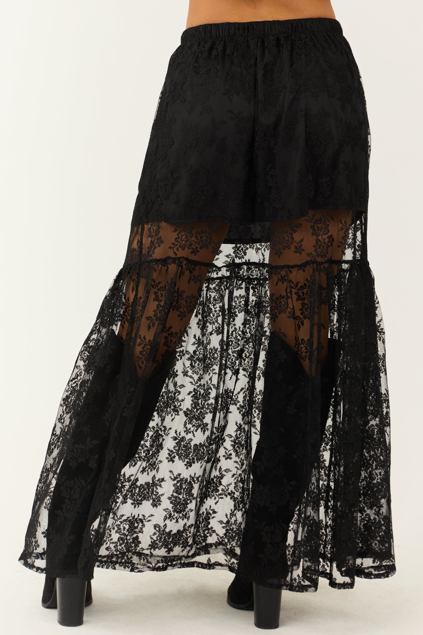 Black High Waist Sheer Lace Maxi SkirtBlack Sheer Lace Maxi Skirt – High Waisted A-Line Elegant Overlay Skirt