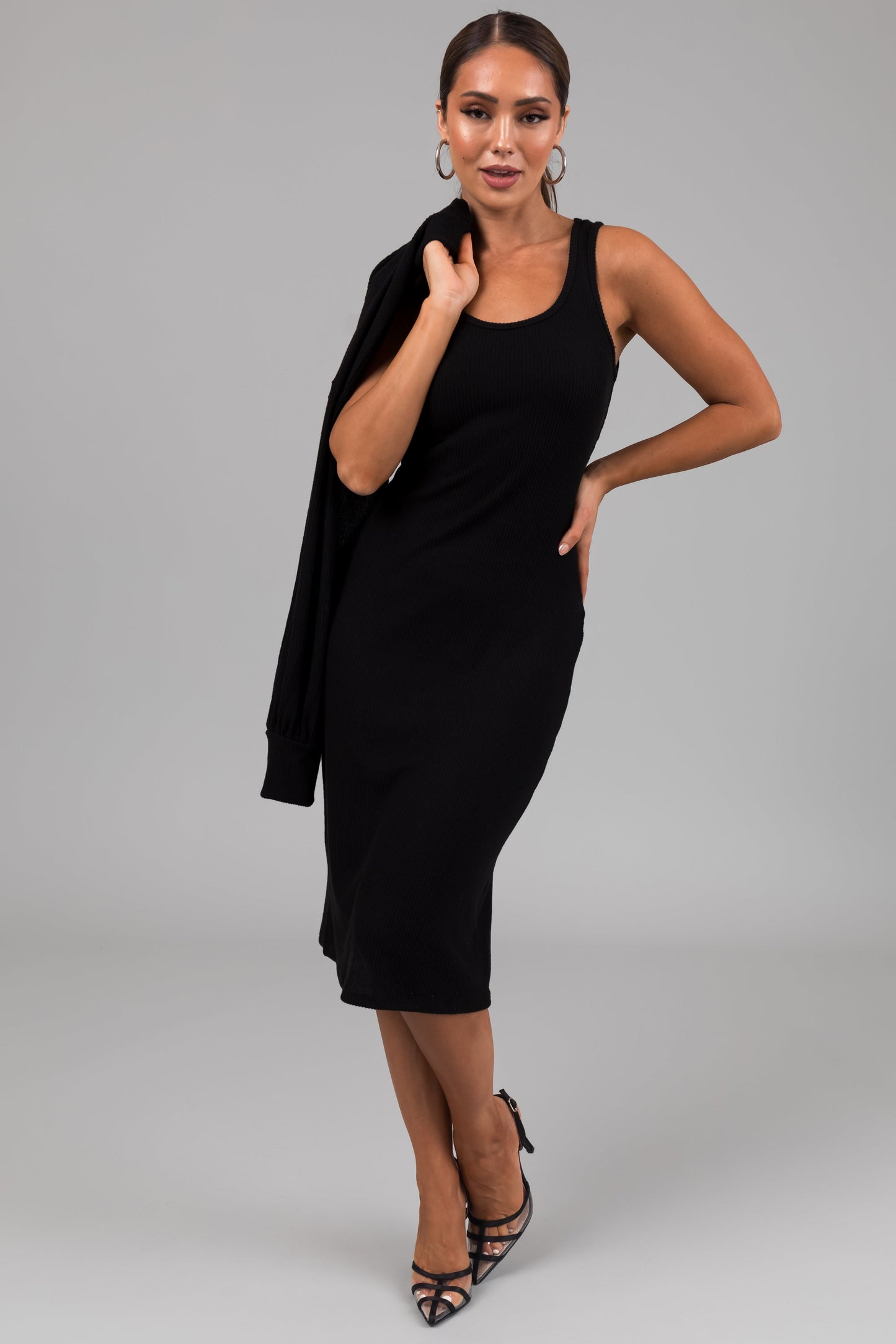 Black Knit Midi Dress with Bolero – Fitted Stretch Two Piece Set