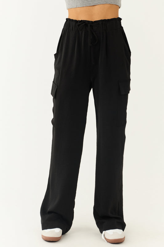 Black Paperbag Waist Cargo Pants – High Waisted Wide Leg Relaxed Fit Trousers