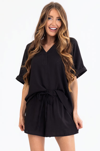 Black Woven Top and Shorts Set – V Neck Relaxed Fit Matching Set