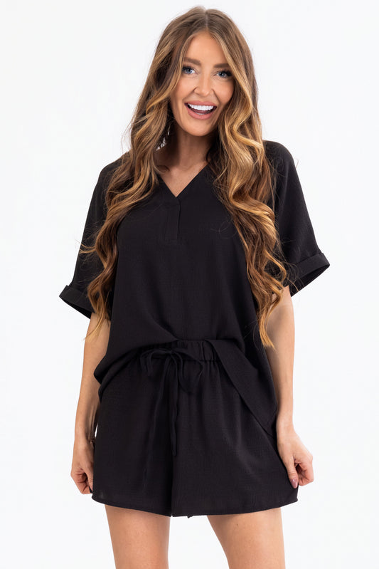Black Woven Top and Shorts Set – V Neck Relaxed Fit Matching Set