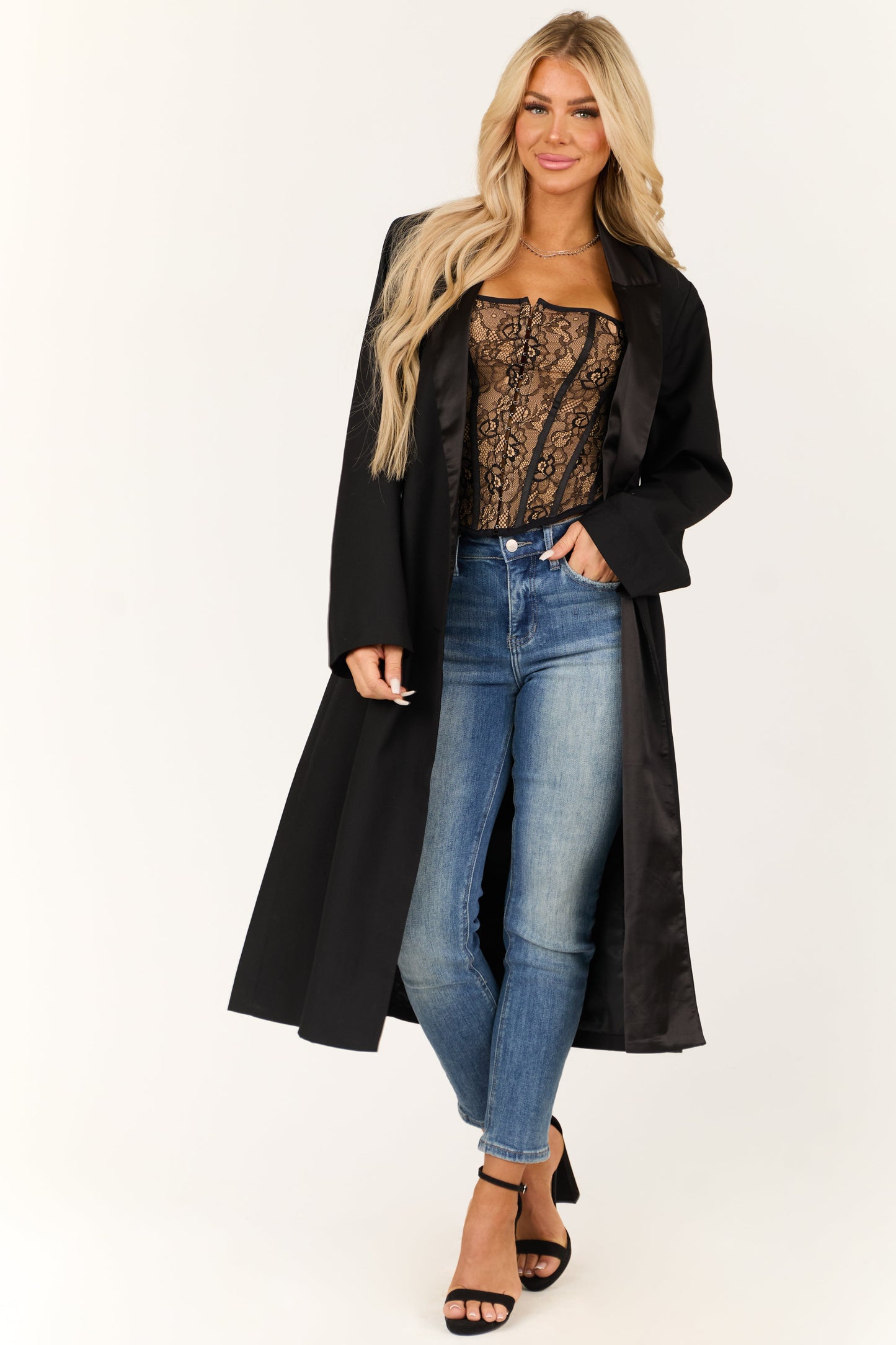 Black Satin Contrast Trench Coat – Double Breasted Structured Fit