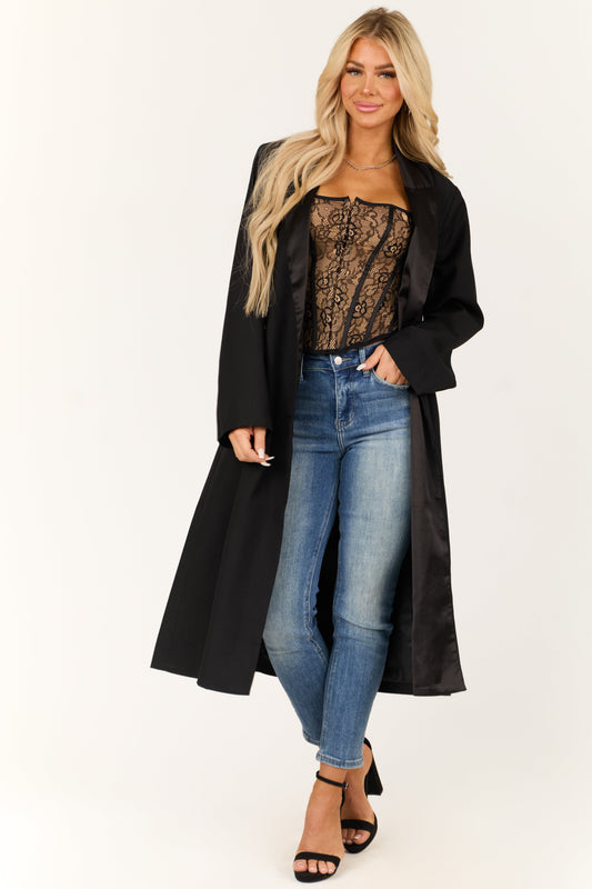 Black Satin Contrast Trench Coat – Double Breasted Structured Fit