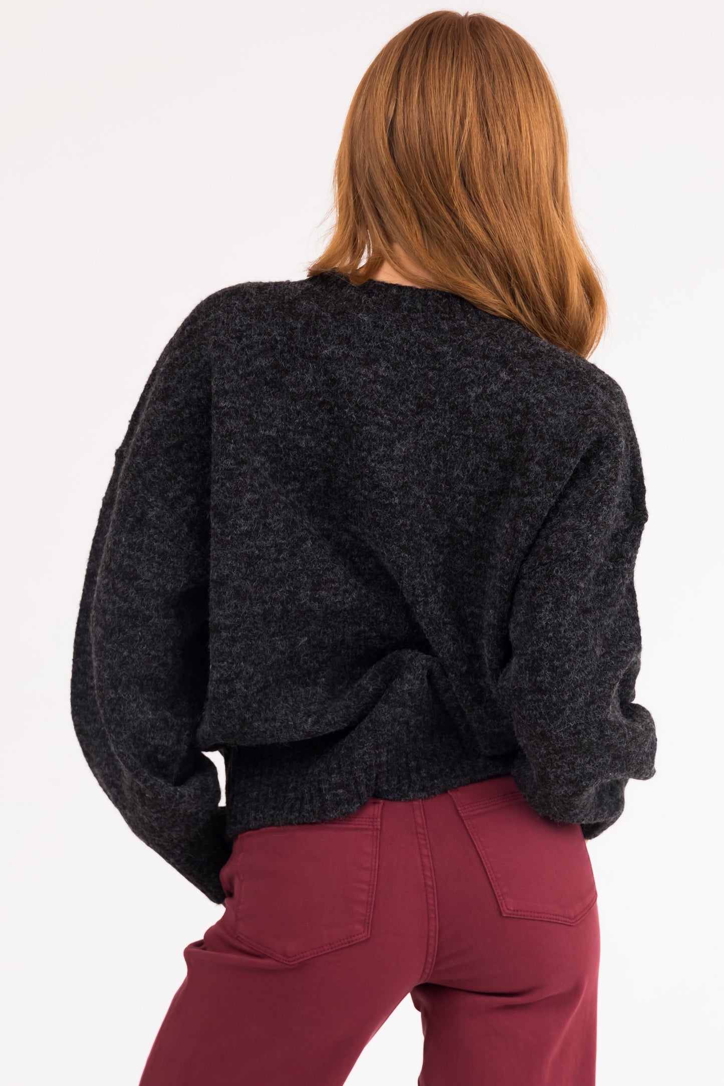 Black High Neck Ribbed Knit Sweater – Relaxed Drop Shoulder Cozy Pullover