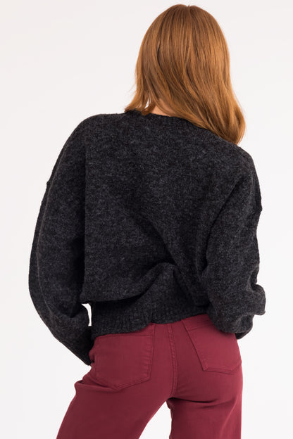 Black High Neck Ribbed Knit Sweater – Relaxed Drop Shoulder Cozy Pullover