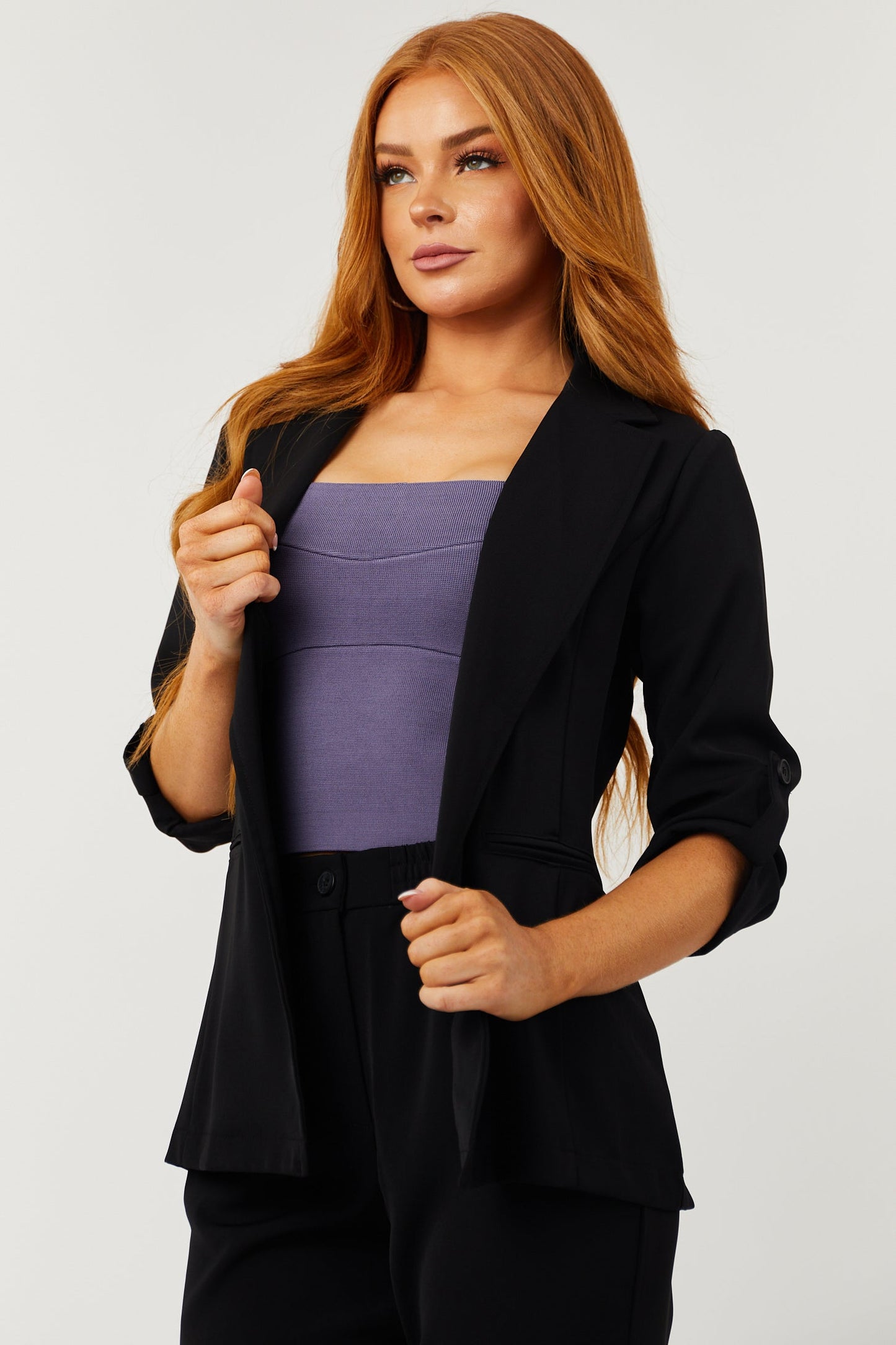 Black Open Front Blazer – Longline Rolled Sleeve Tailored Lightweight Jacket