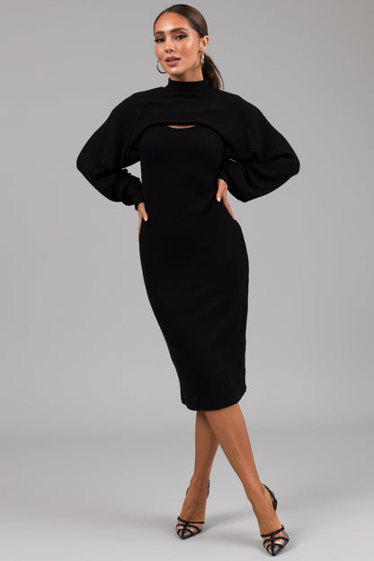 Black Knit Midi Dress with Bolero – Fitted Stretch Two Piece Set