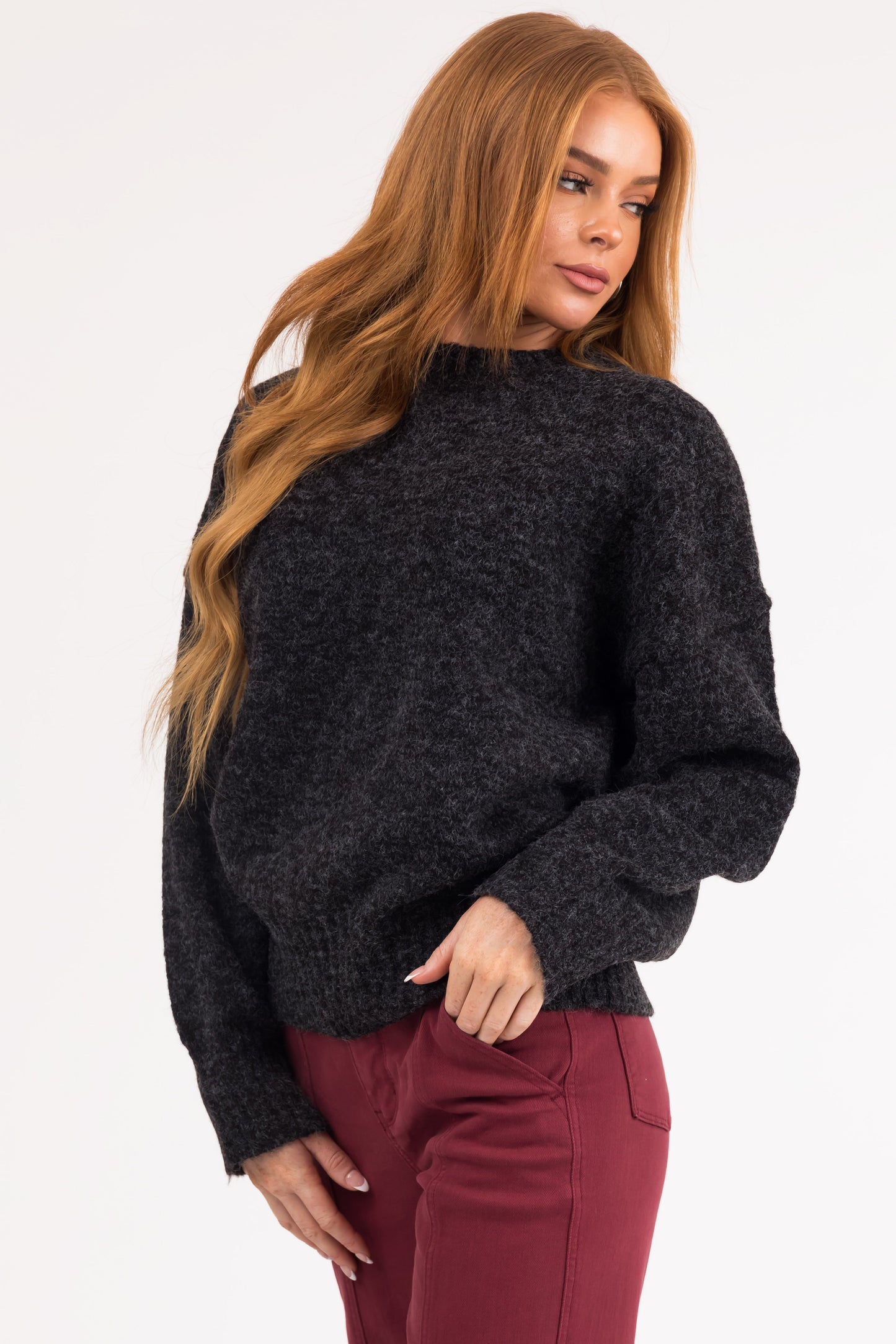 Black High Neck Ribbed Knit Sweater – Relaxed Drop Shoulder Cozy Pullover