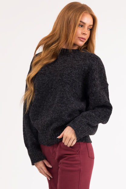 Black High Neck Ribbed Knit Sweater – Relaxed Drop Shoulder Cozy Pullover