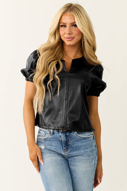 Black Faux Leather Puff Sleeve Top – V Neck Statement Slim Fit