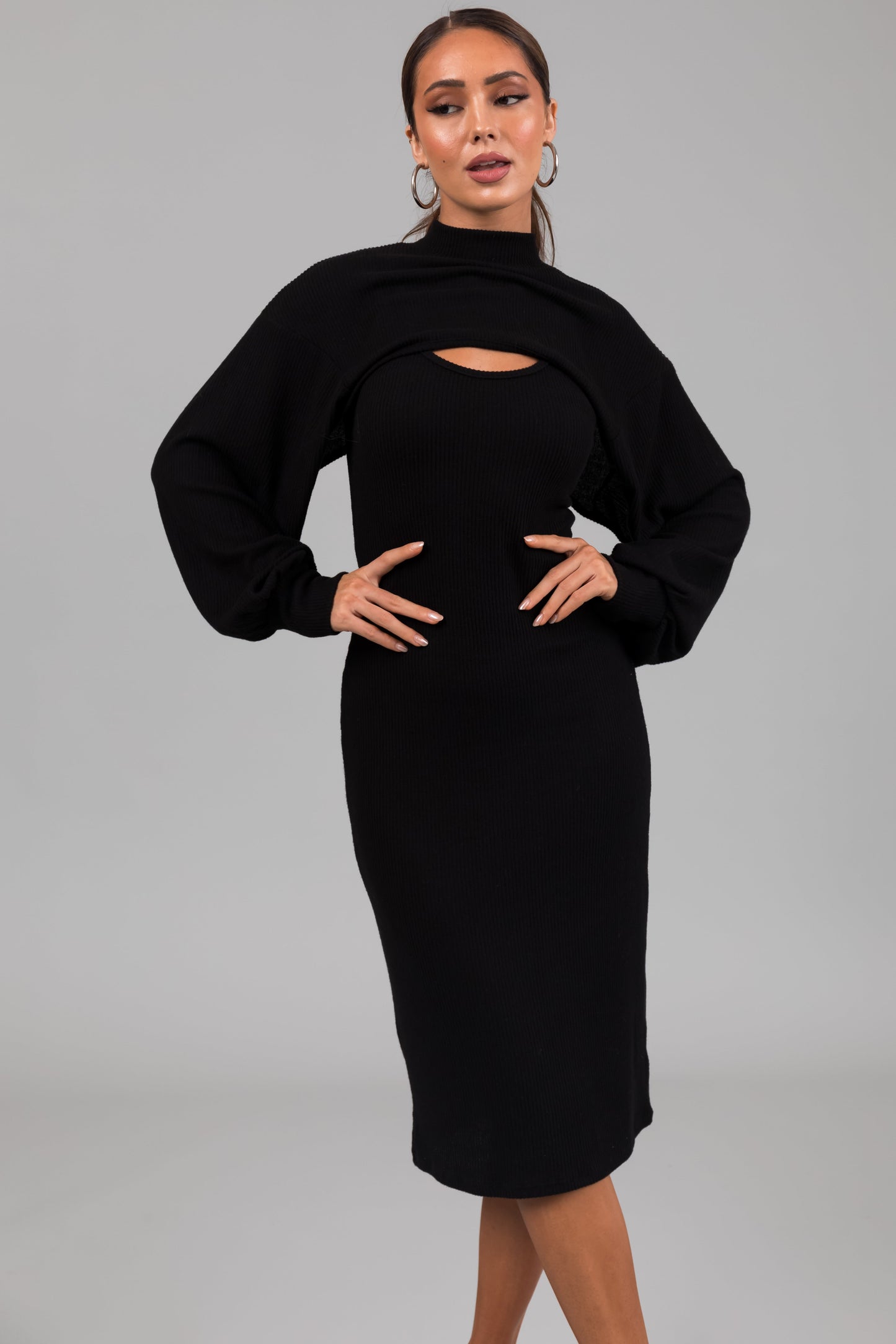 Black Knit Midi Dress with Bolero – Fitted Stretch Two Piece Set