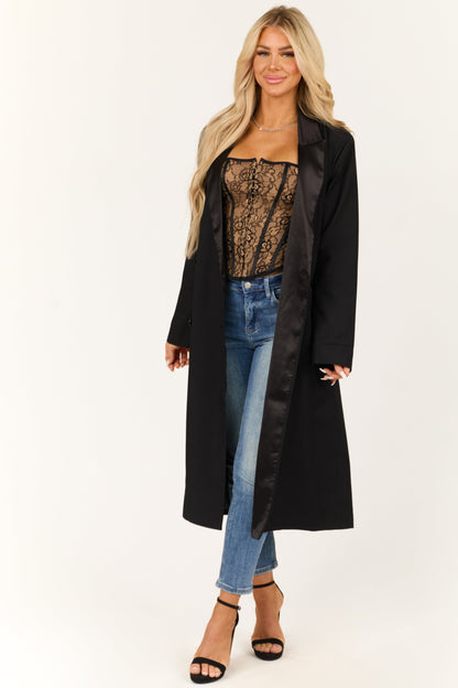 Black Satin Contrast Trench Coat – Double Breasted Structured Fit