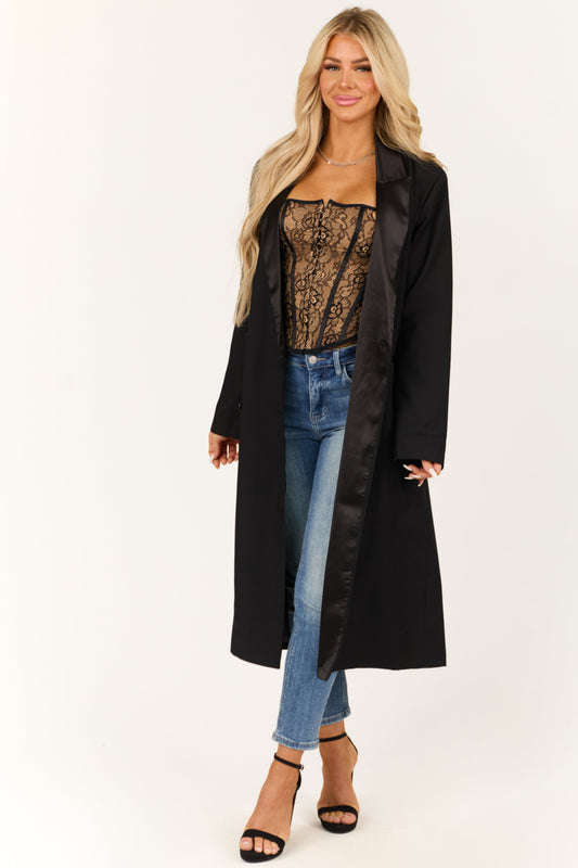 Black Satin Contrast Trench Coat – Double Breasted Structured Fit
