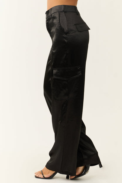 Black Satin Cargo Pants – High Waisted Wide Leg Utility Style Trousers