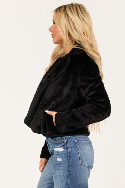 Black Faux Fur Jacket – Open Front Lapel Collar Cozy Outerwear