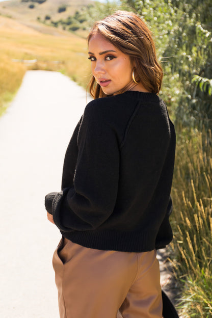 Black Cropped Ribbed Knit Sweater – Relaxed Fit Drop Shoulder Casual Streetwear Top