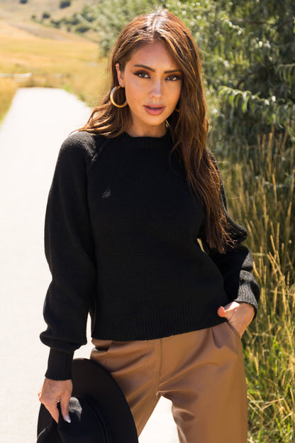 Black Cropped Ribbed Knit Sweater – Relaxed Fit Drop Shoulder Casual Streetwear Top