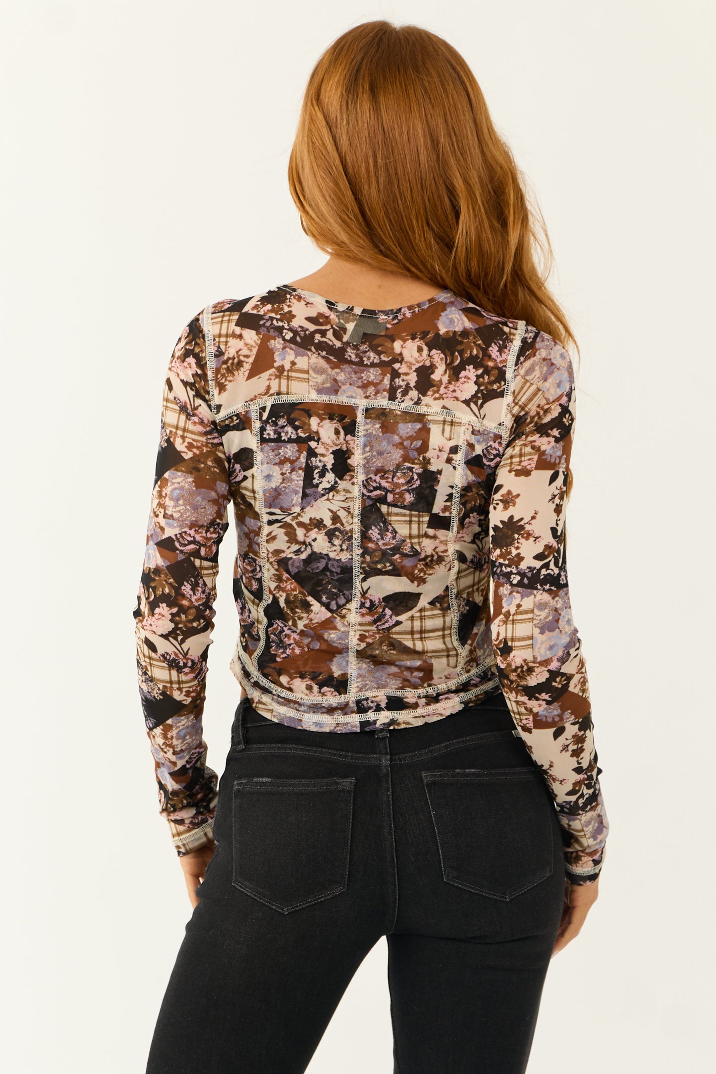 Floral Mesh Fitted Long Sleeve Top