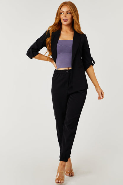 Black Open Front Blazer – Longline Rolled Sleeve Tailored Lightweight Jacket