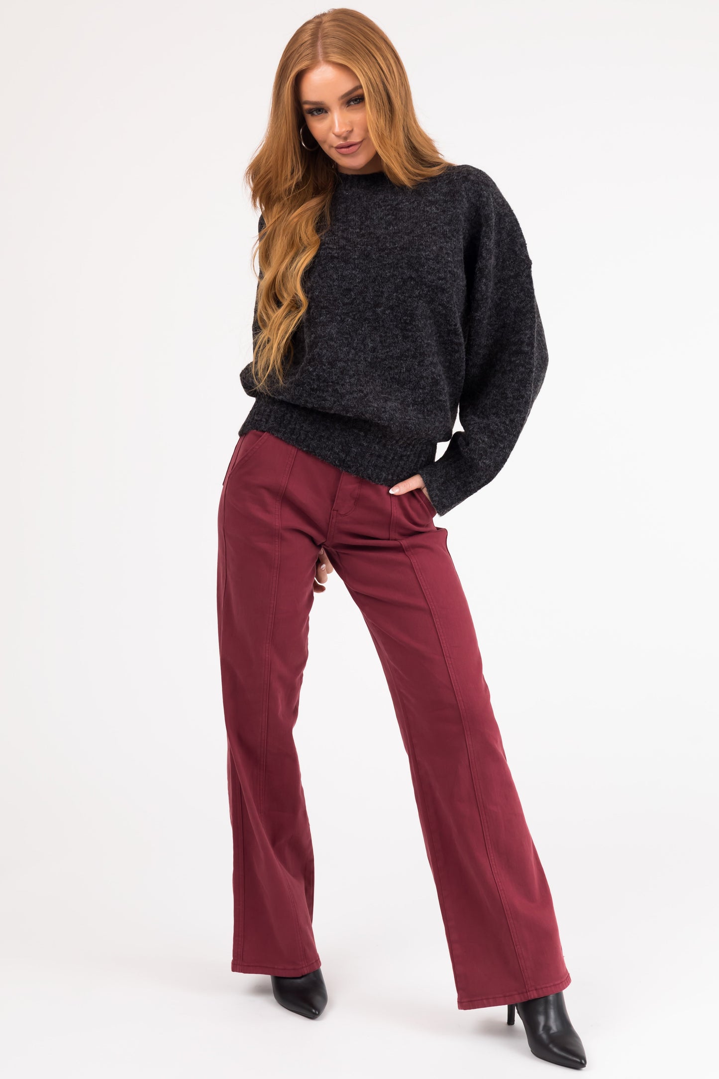 Black High Neck Ribbed Knit Sweater – Relaxed Drop Shoulder Cozy Pullover