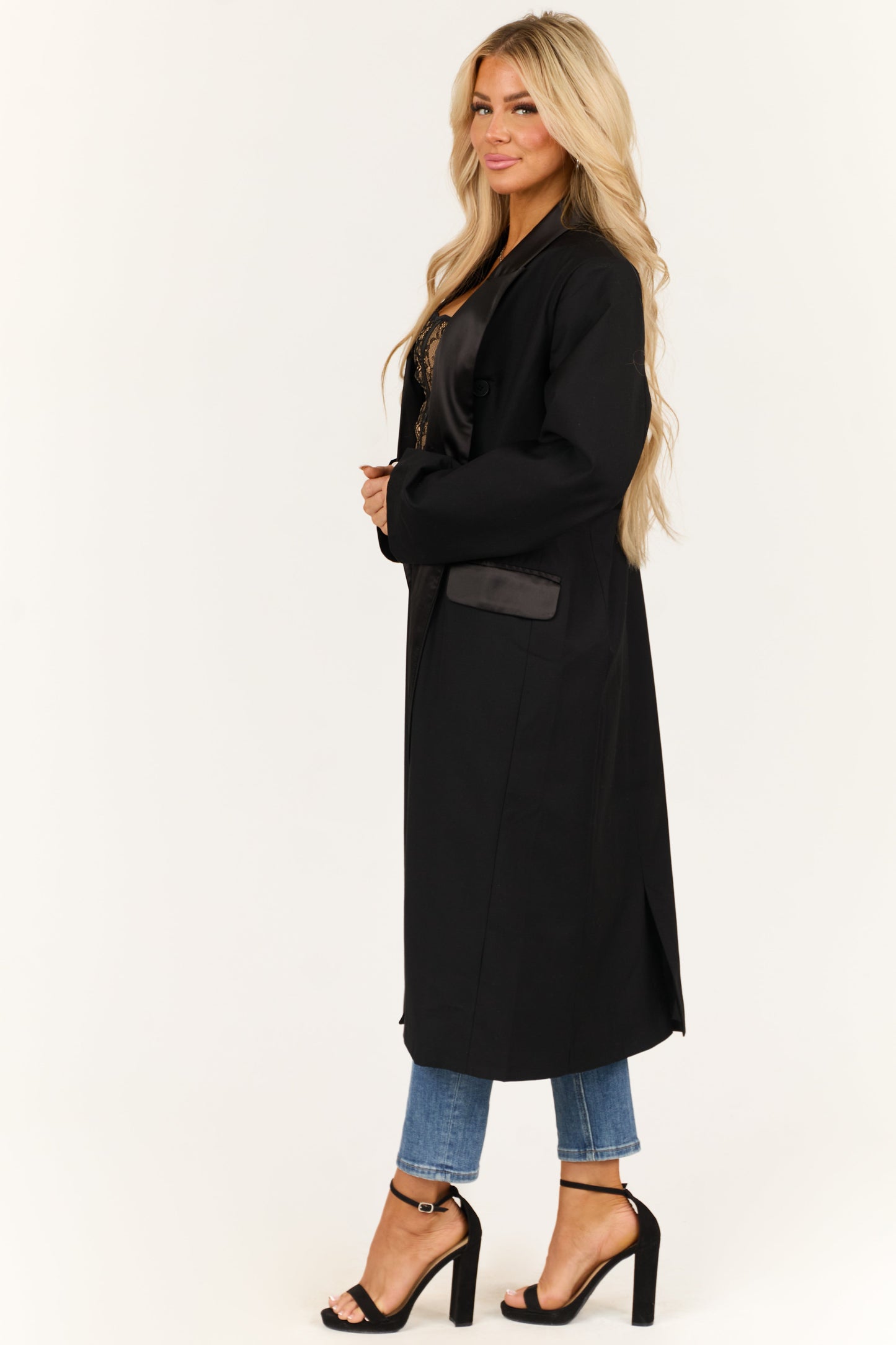 Black Satin Contrast Trench Coat – Double Breasted Structured Fit