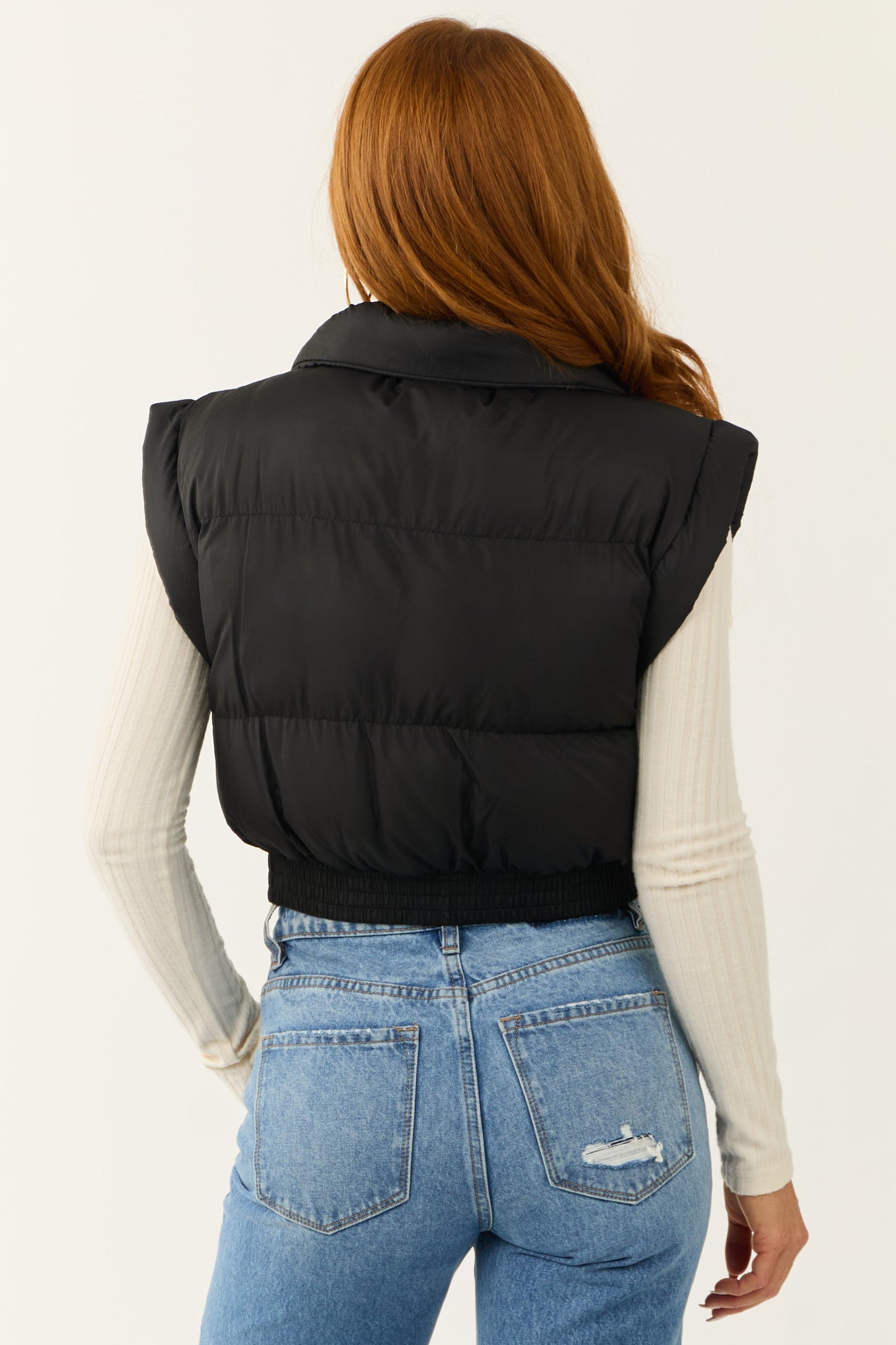 Black Cropped Puffer Vest – Zip Up Funnel Neck Lightweight Layering Vest