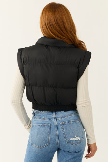 Black Cropped Puffer Vest – Zip Up Funnel Neck Lightweight Layering Vest