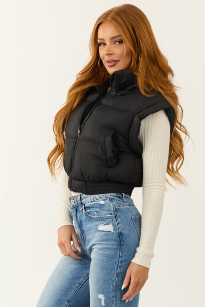 Black Cropped Puffer Vest – Zip Up Funnel Neck Lightweight Layering Vest