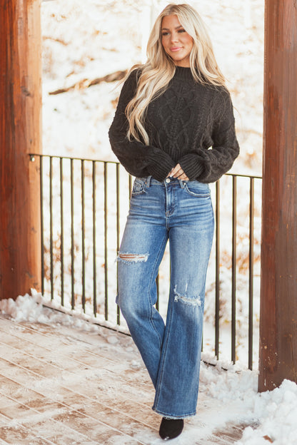 Black Cable Knit Sweater – Mock Neck Relaxed Fit Cozy Long Sleeve Pullover