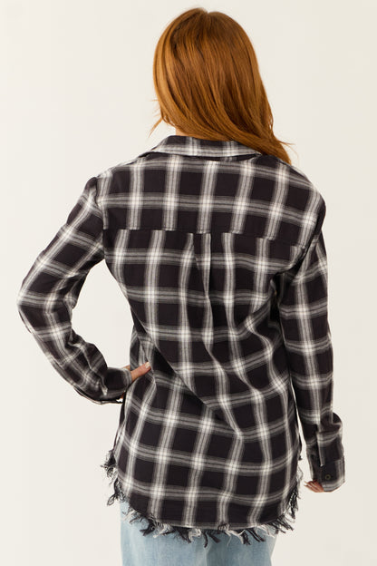 Black Plaid Long Sleeve Shirt – Frayed Hem Button Down Casual Oversized Shirt