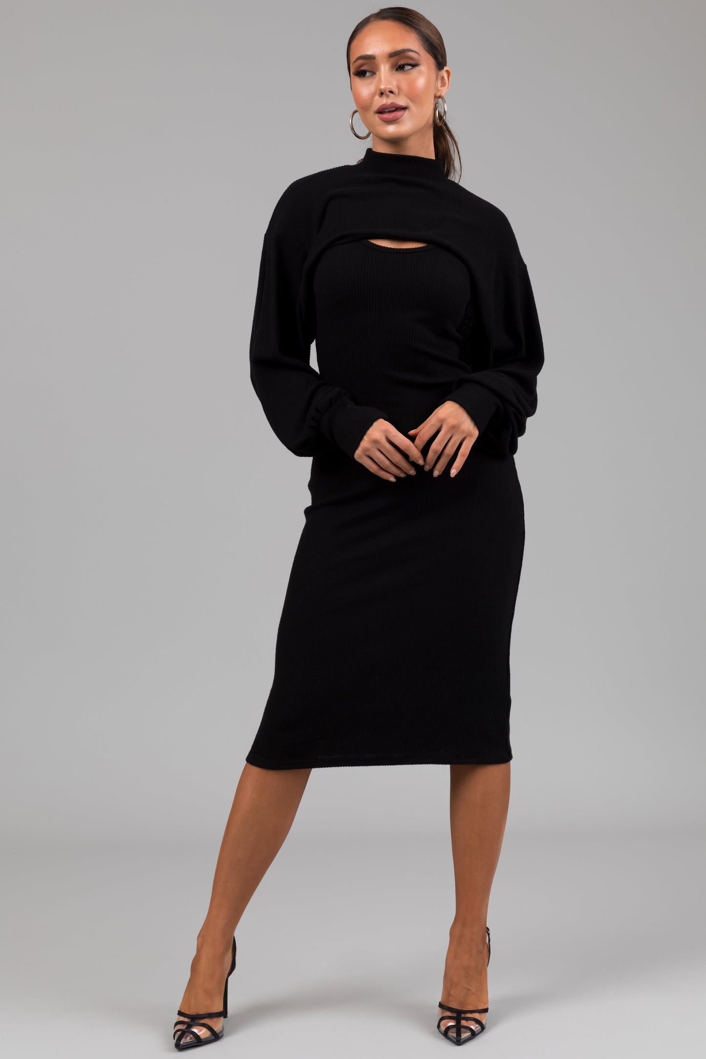Black Knit Midi Dress with Bolero – Fitted Stretch Two Piece Set