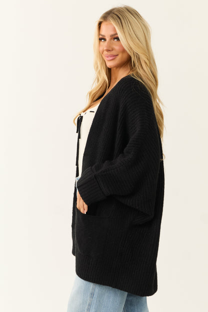 Black Oversized Knit Cardigan – Relaxed Fit Open Front Cozy Sweater with Pockets