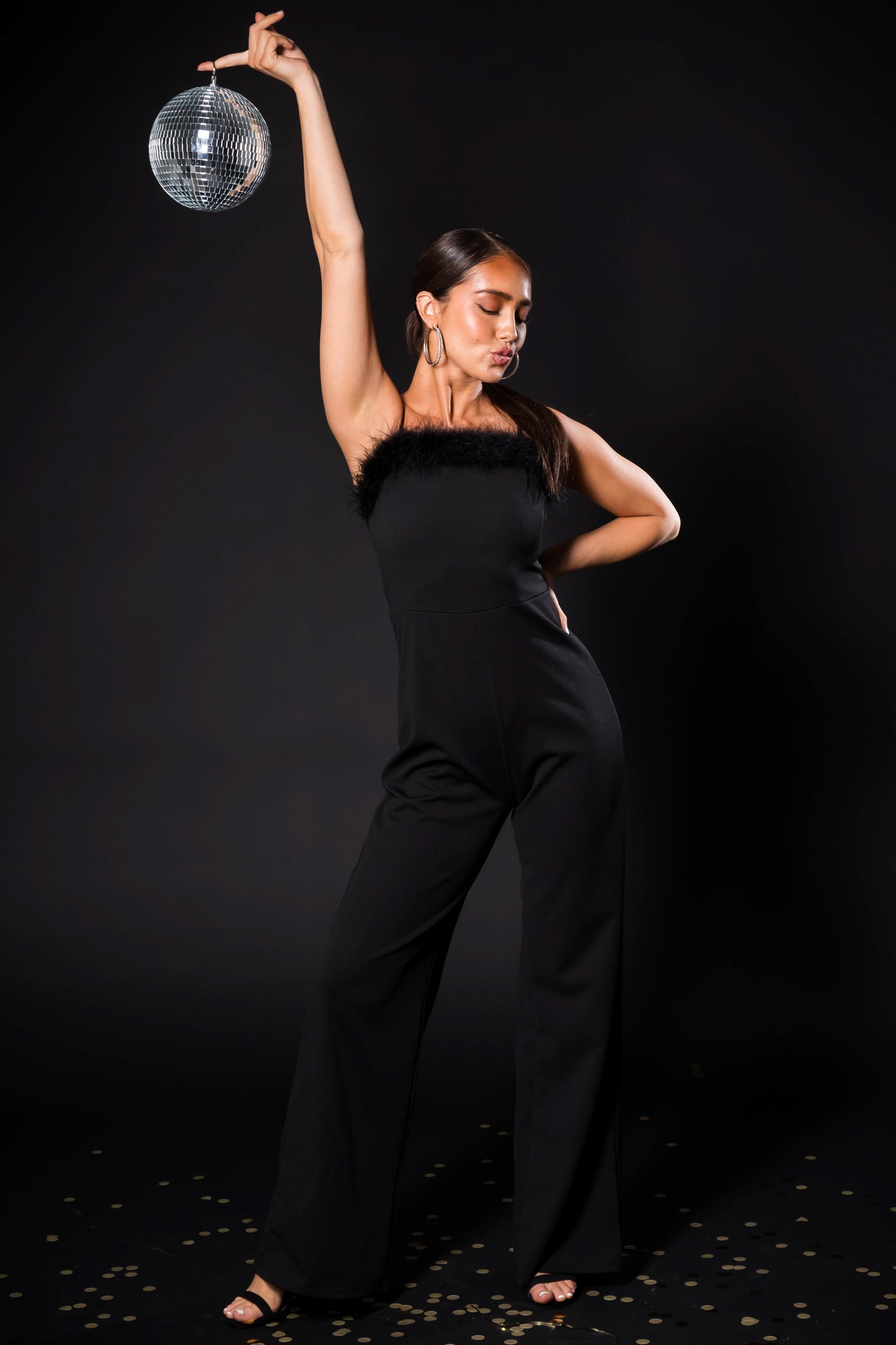 Black Feather Trim Jumpsuit – Sleeveless Wide Leg Stretch Party Outfit