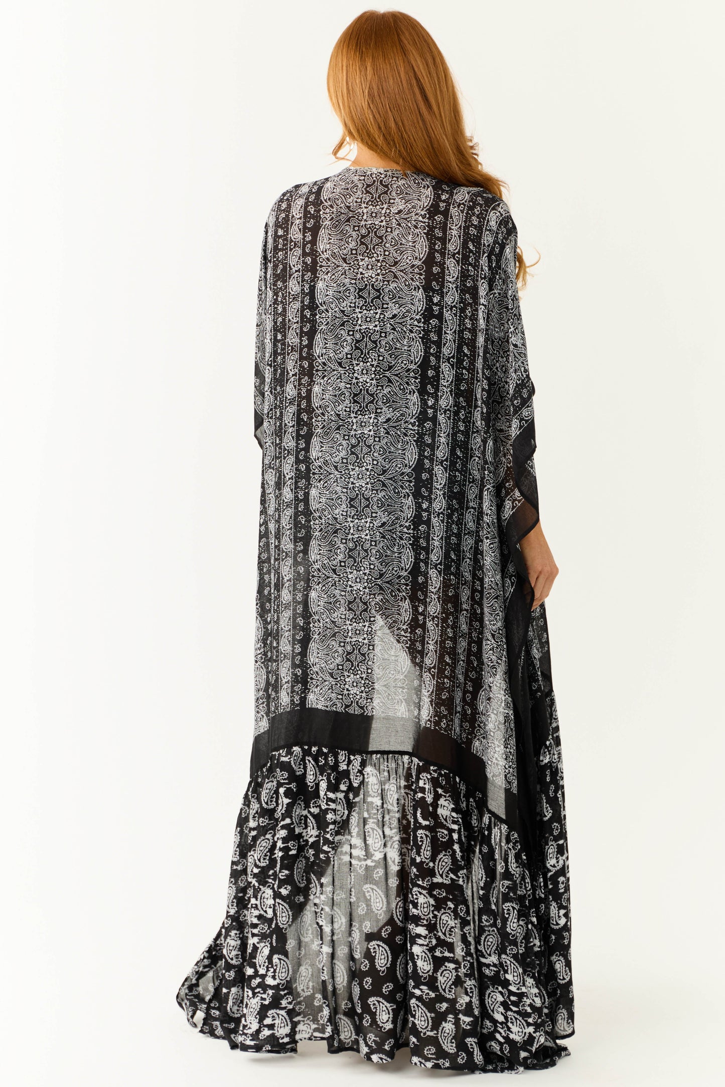 Black Paisley Print Ruffle Kimono – 3/4 Sleeve Lightweight Boho Long Cover-Up