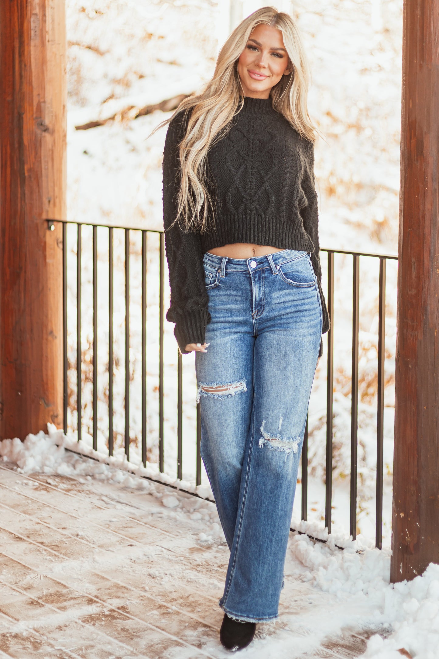 Black Cable Knit Sweater – Mock Neck Relaxed Fit Cozy Long Sleeve Pullover