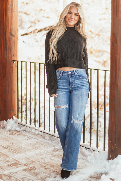 Black Cable Knit Sweater – Mock Neck Relaxed Fit Cozy Long Sleeve Pullover