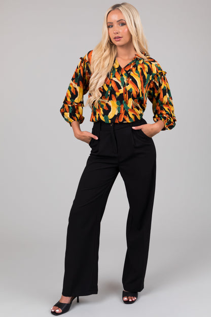 Black Multiprint Ruffle Blouse – V Neck 3/4 Sleeve Boho Loose Fit Top