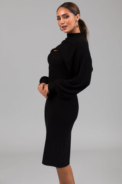 Black Knit Midi Dress with Bolero – Fitted Stretch Two Piece Set