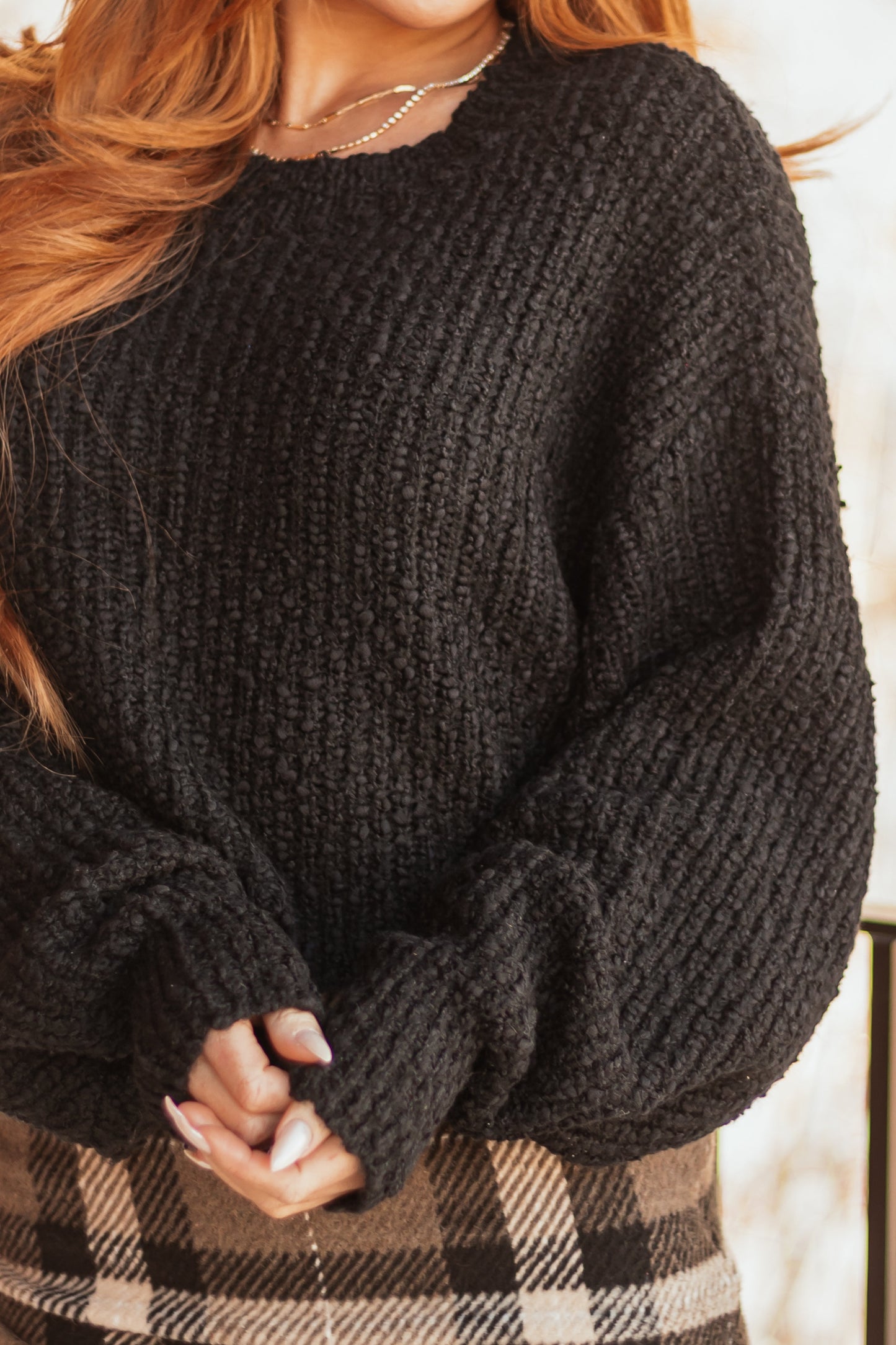 Black Popcorn Knit Cropped Sweater – Oversized Relaxed Fit Cozy Pullover