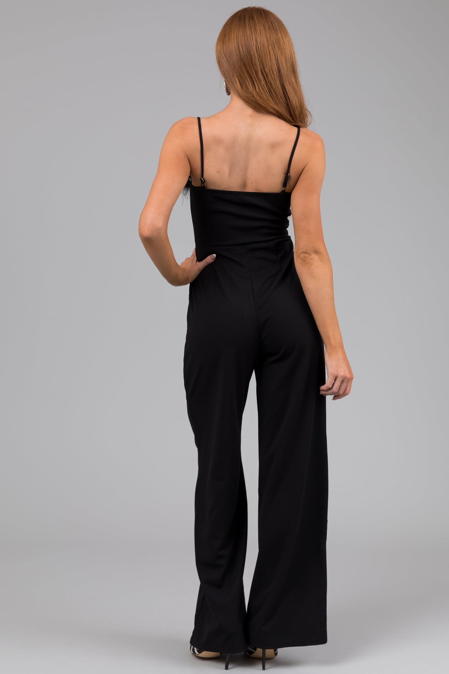 Black Feather Trim Jumpsuit – Sleeveless Wide Leg Stretch Party Outfit