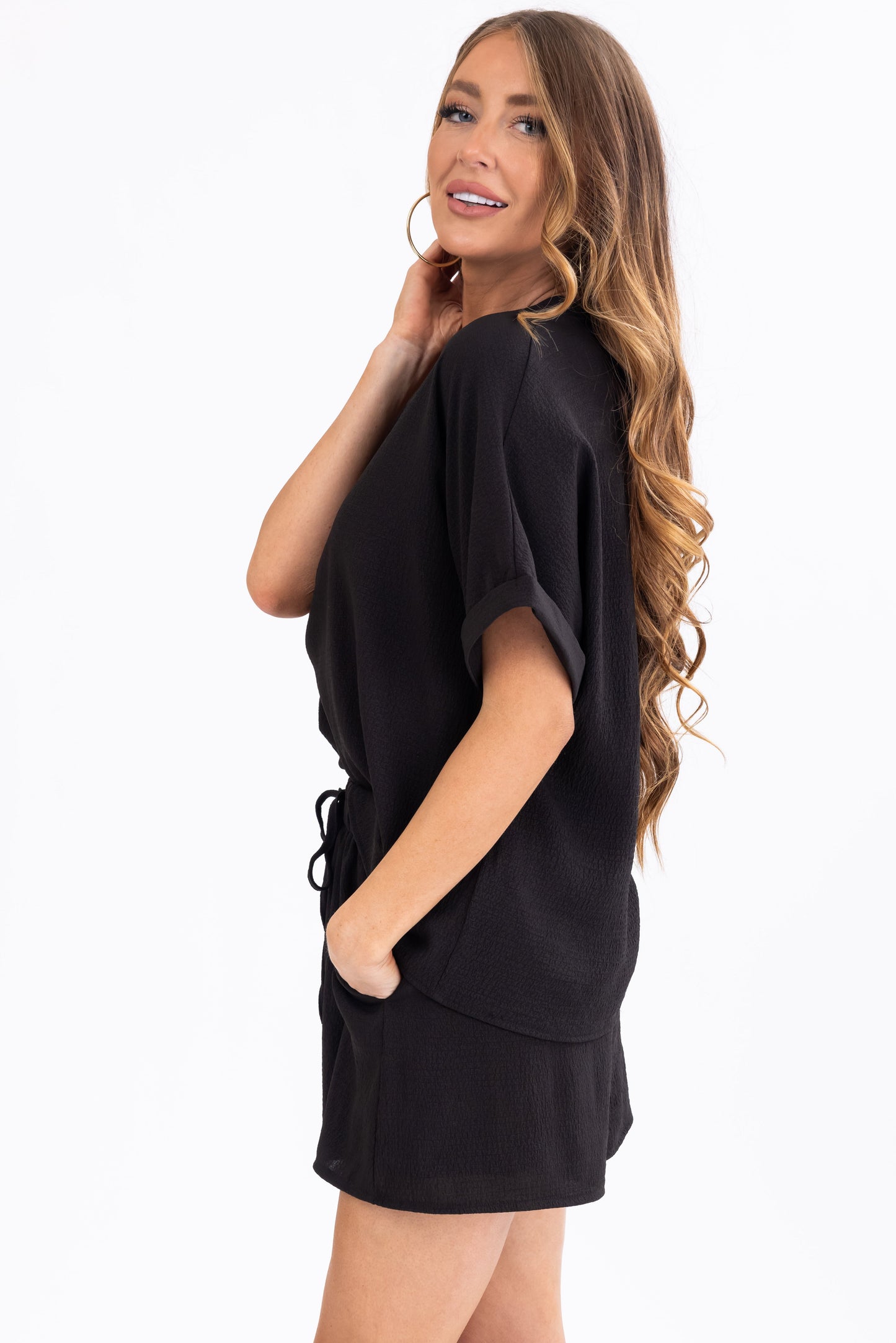 Black Woven Top and Shorts Set – V Neck Relaxed Fit Matching Set