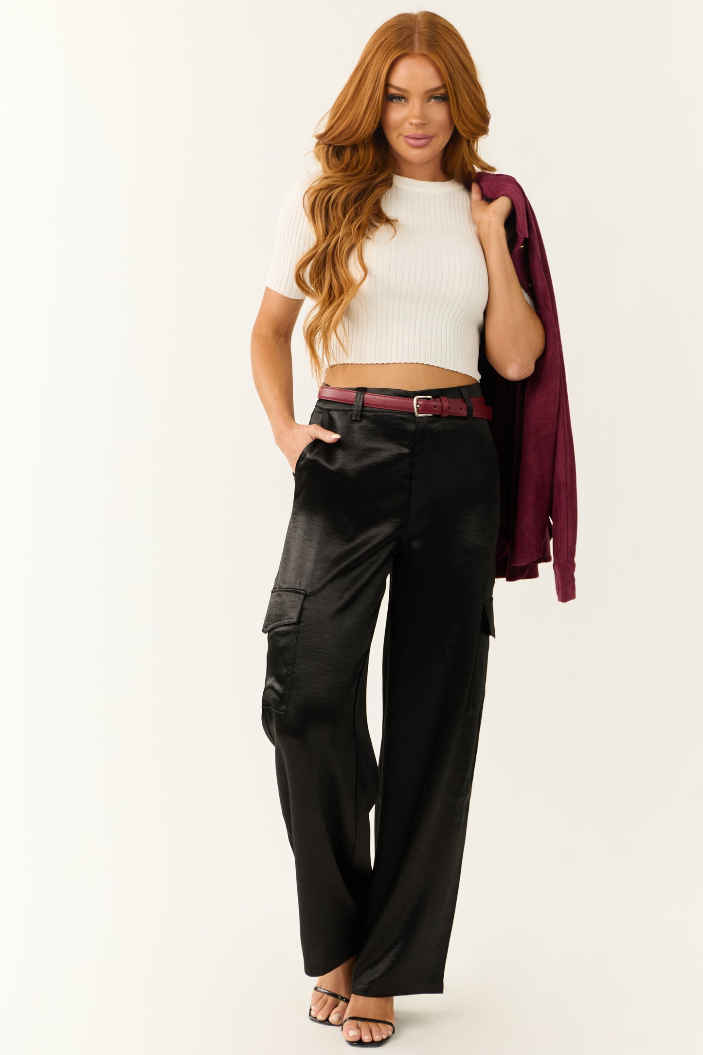 Black Satin Cargo Pants – High Waisted Wide Leg Utility Style Trousers