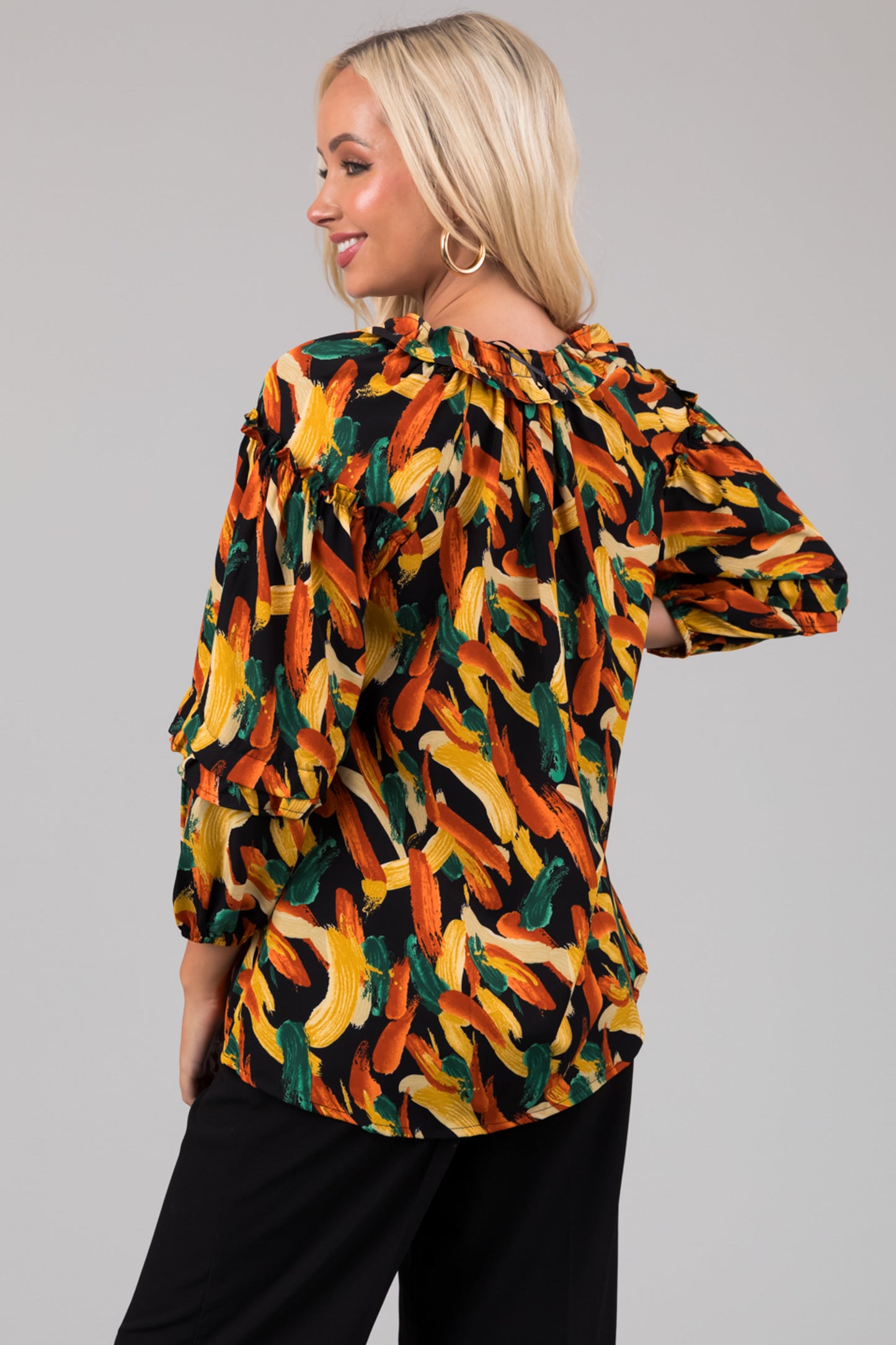Black Multiprint Ruffle Blouse – V Neck 3/4 Sleeve Boho Loose Fit Top